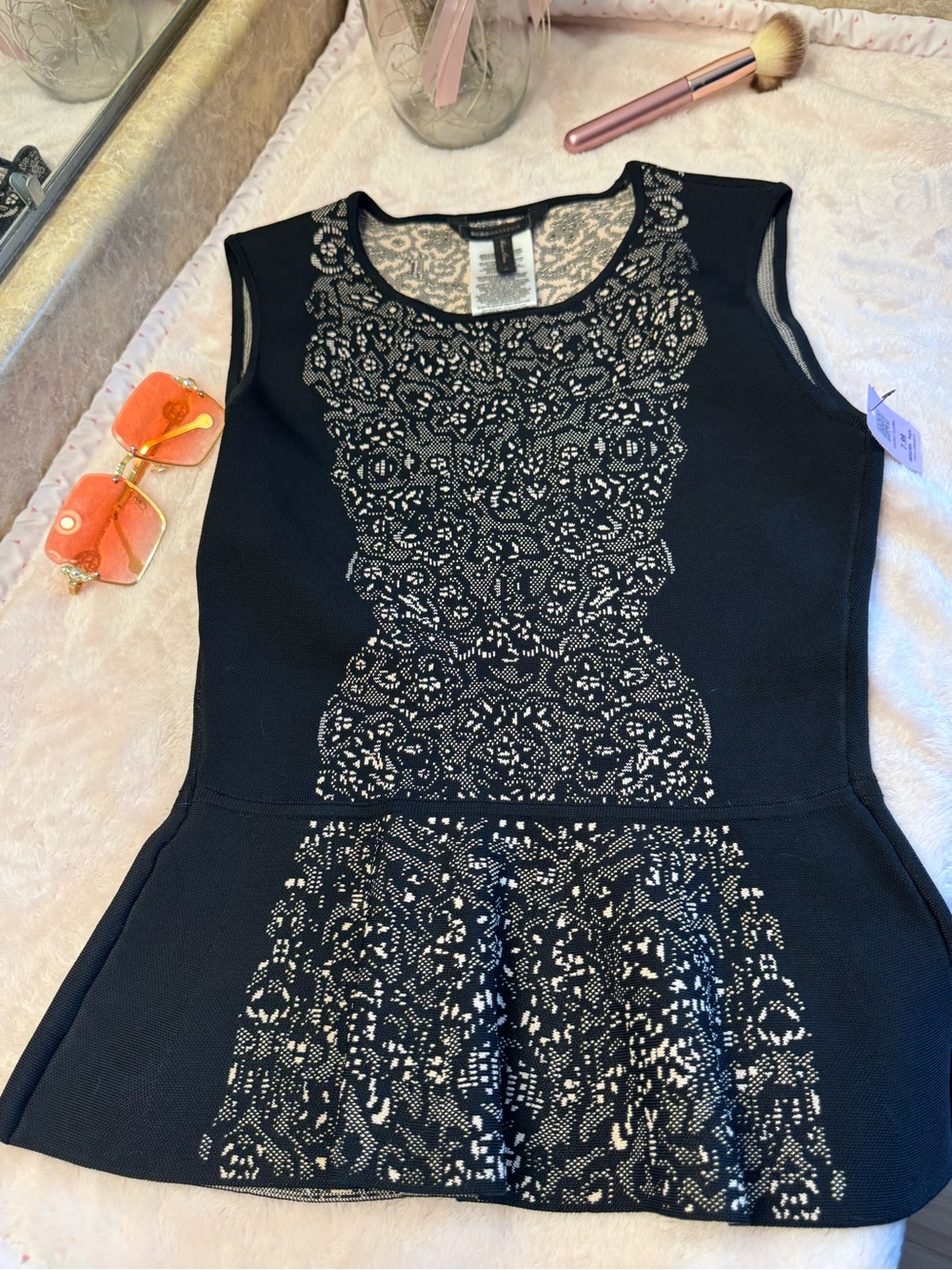 BCBGMaxAzria Black Sleeveless Peplum Dress with Lace-Effect Front